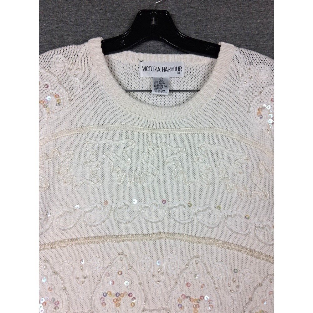 Vintage Victoria Harbour Womens Sweater Large White Cream Sequin Beaded Retro